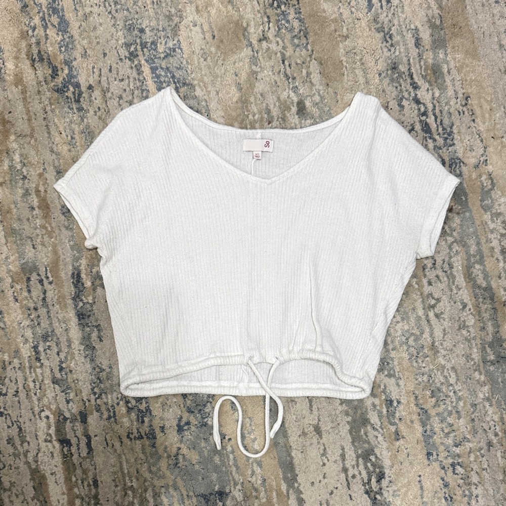 SO White Ribbed V-Neck Crop Top